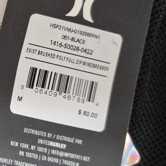 NWT Hurley Black Water Repellent Windbreaker 100% Polyester Sz M - Picture 4 of 6